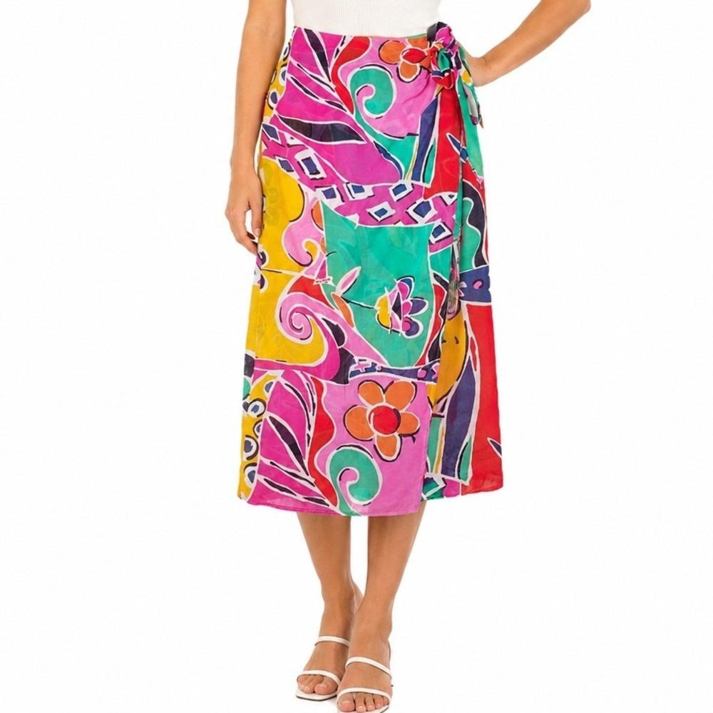 Carlisle Vintage 80s 90s Cotton Midi Wrap Skirt Abstract Floral Multi Color 6